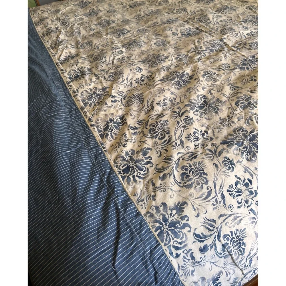 Ralph Lauren Bluff Point Queen Duvet Cover Floral White Blue Stripe Rope Trim‎